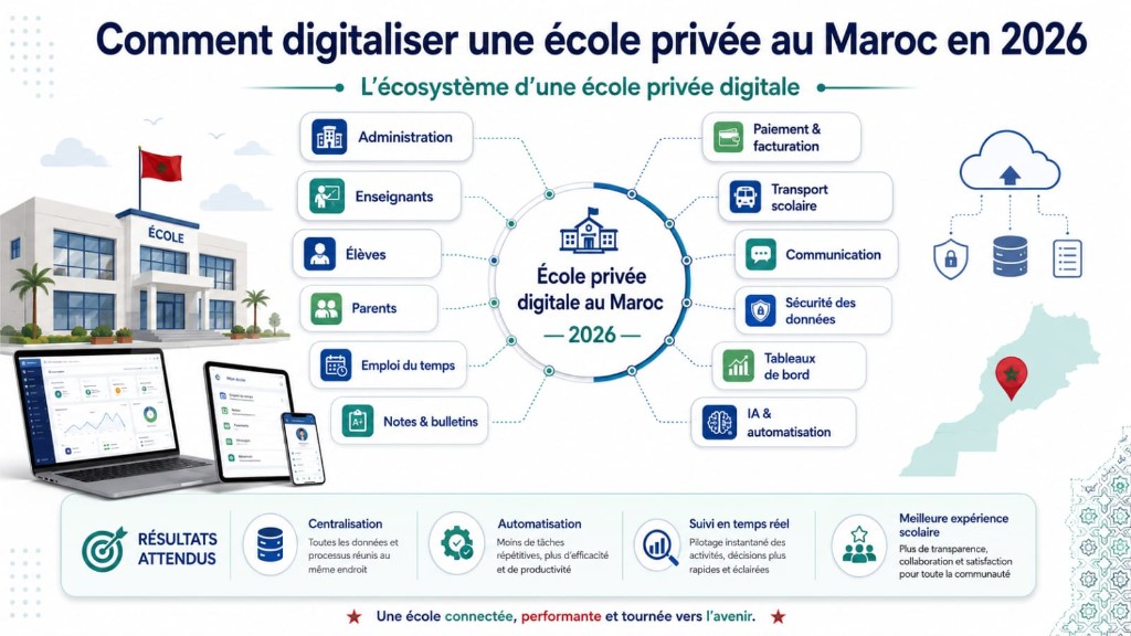 Infographie — écosystème d'une école privée digitale au Maroc en 2026