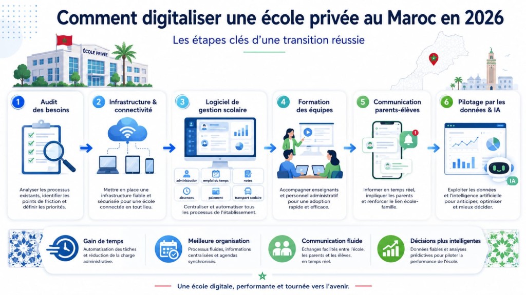Infographie — les 6 étapes clés pour digitaliser une école privée au Maroc en 2026