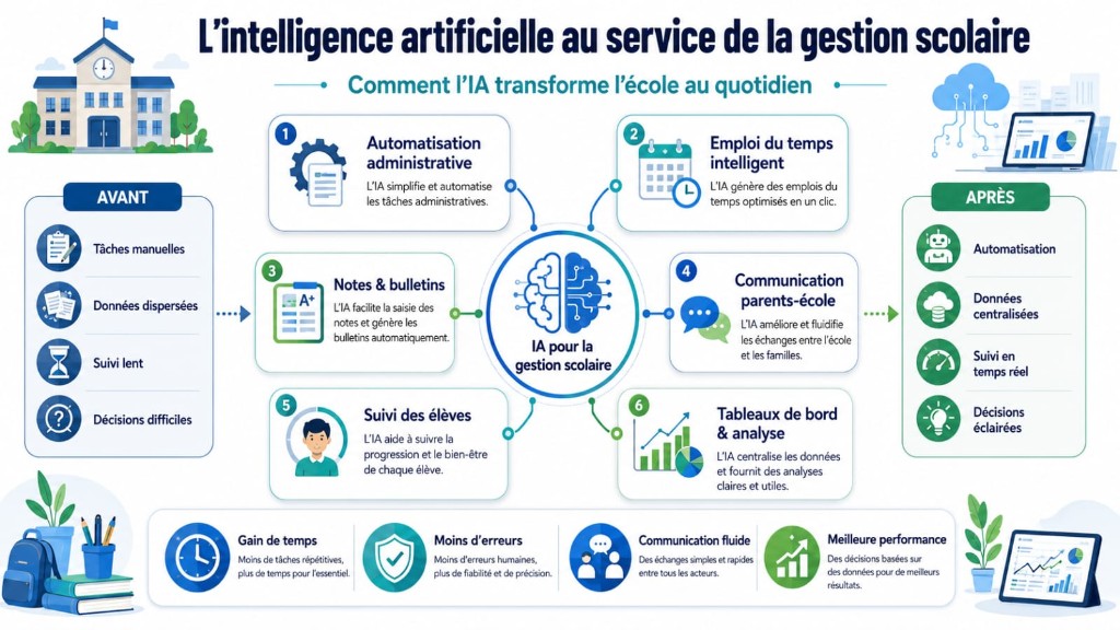 Infographie — intelligence artificielle au service de la gestion scolaire au quotidien