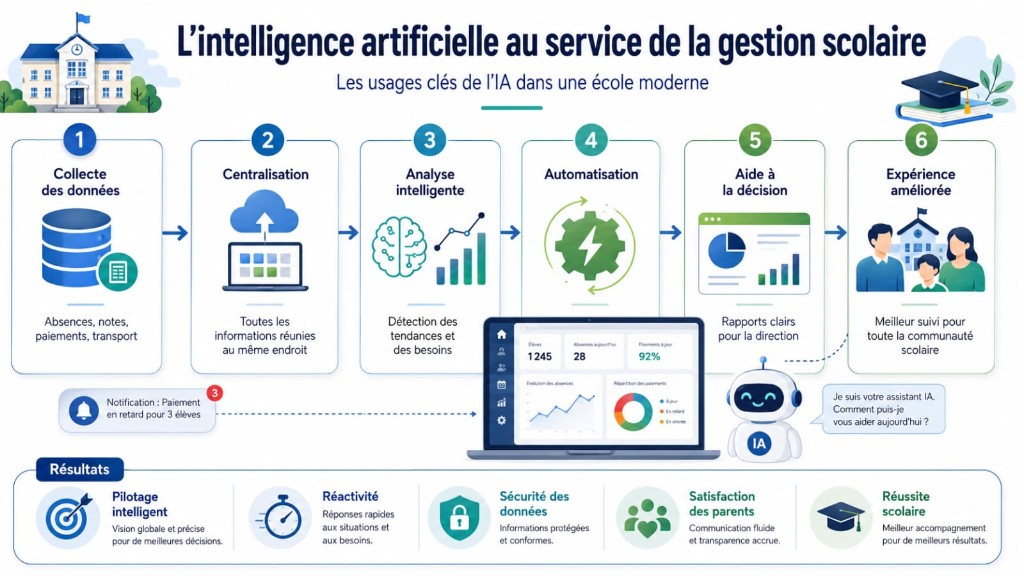 Infographie — les usages clés de l'intelligence artificielle dans une école moderne