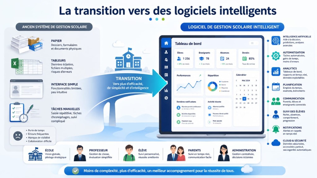 Infographie — transition vers un logiciel de gestion scolaire intelligent pour écoles privées